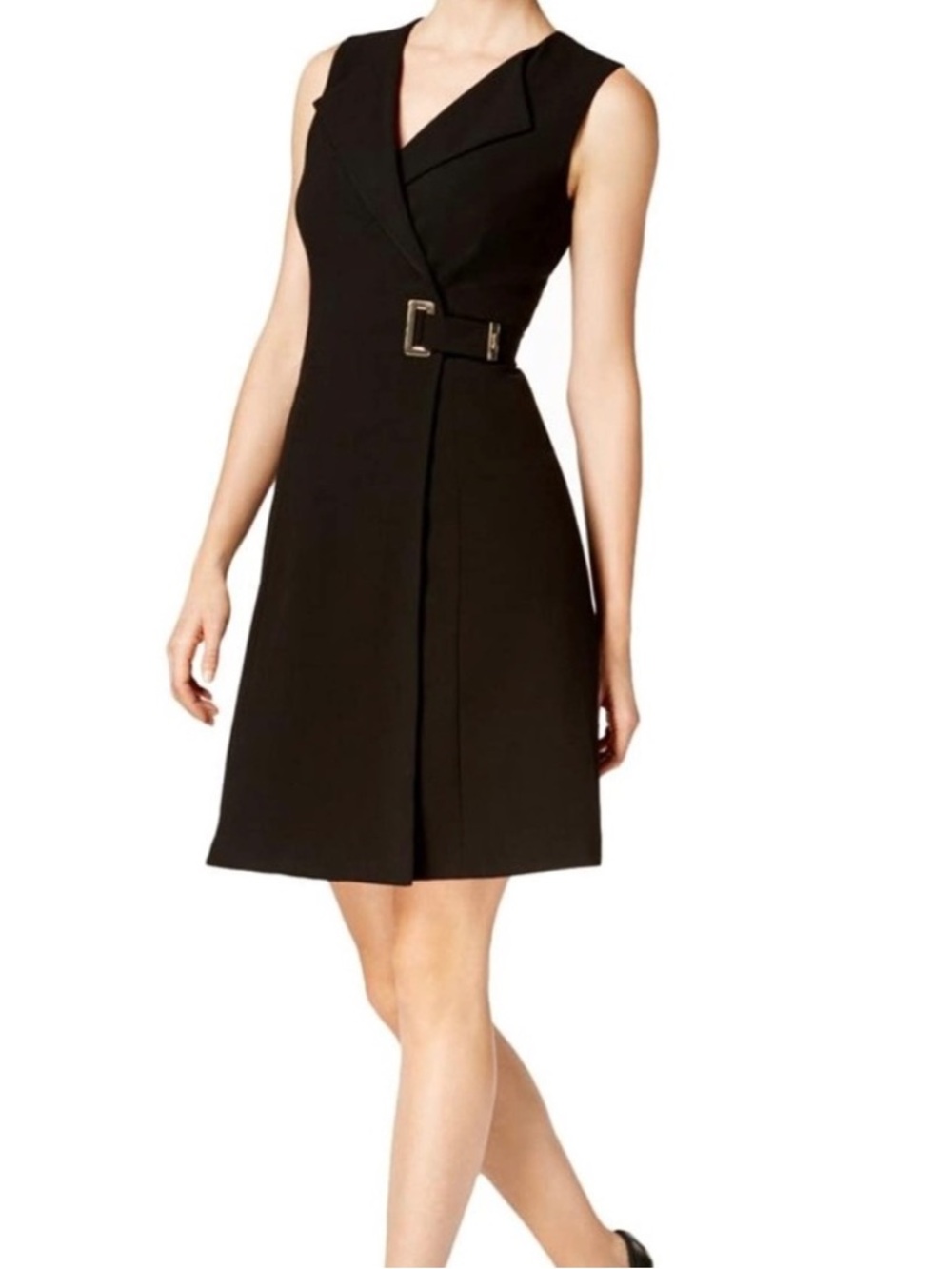 Calvin Klein Sleeveless Black Wrap-Front Midi Dress with Gold Buckle Accent - 6